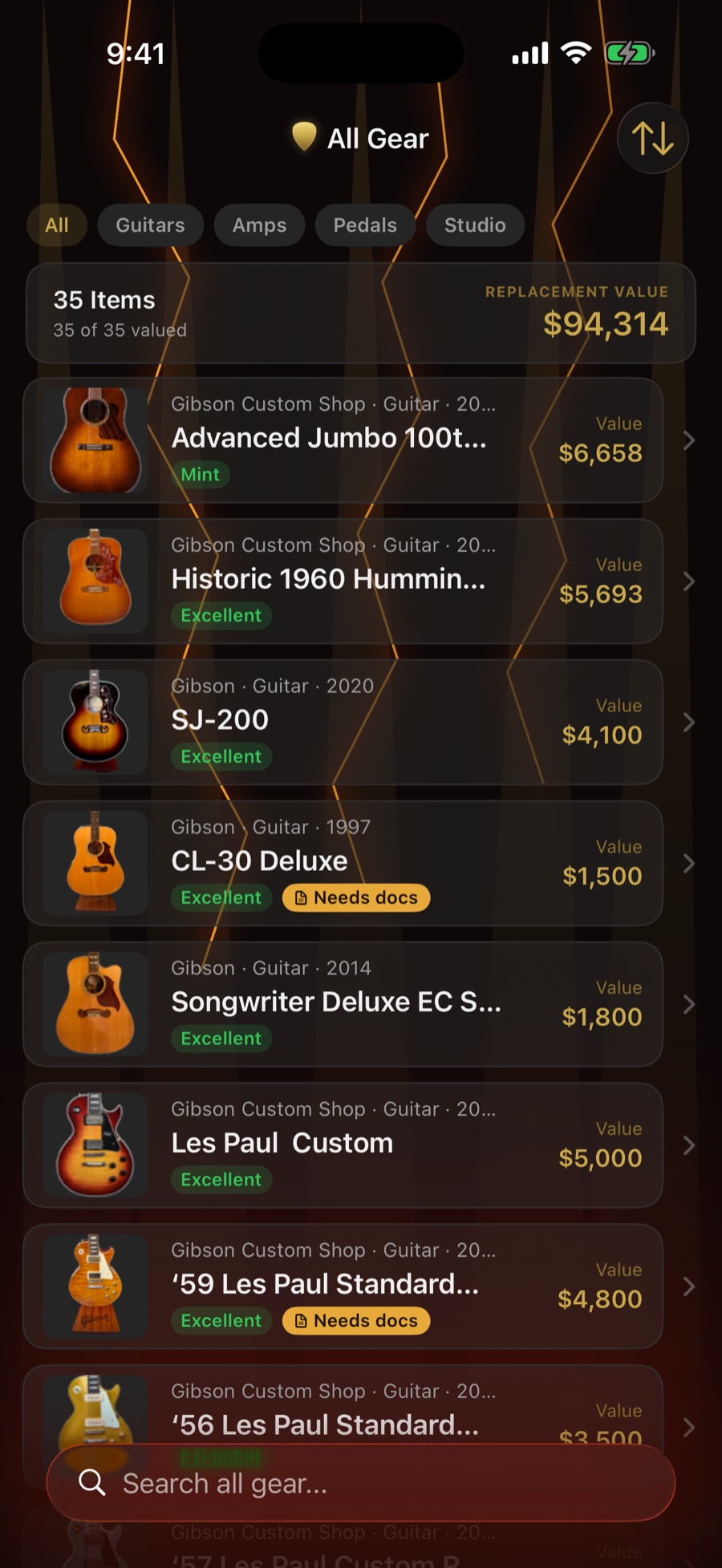 The All Gear view in the Rock theme — every category in one searchable list