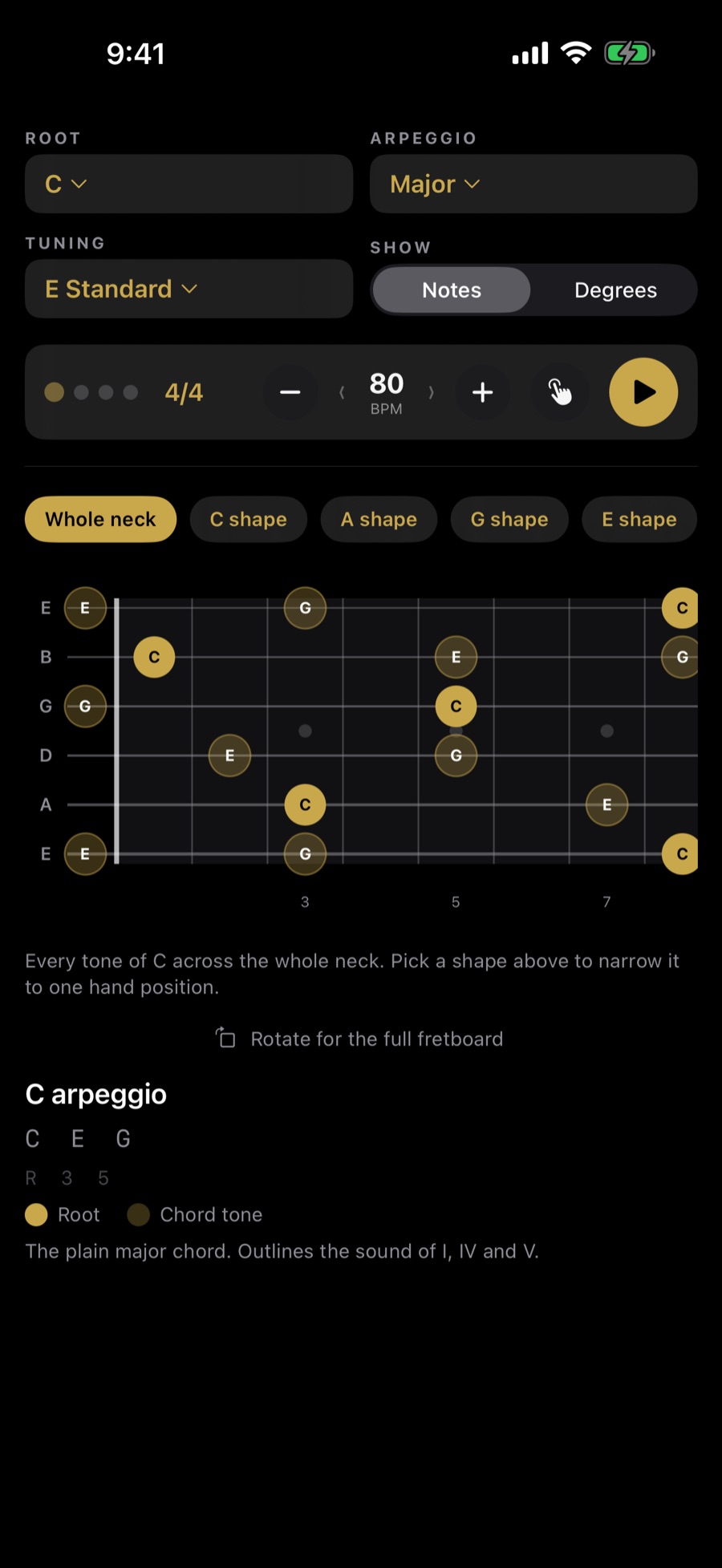 Arpeggio shapes across the whole neck in the Pop theme, with an embedded metronome