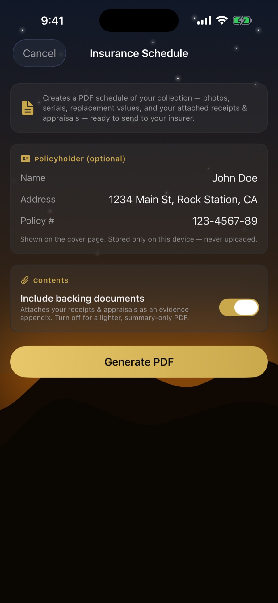 Generating a claim-ready insurance schedule PDF, shown in the Country theme
