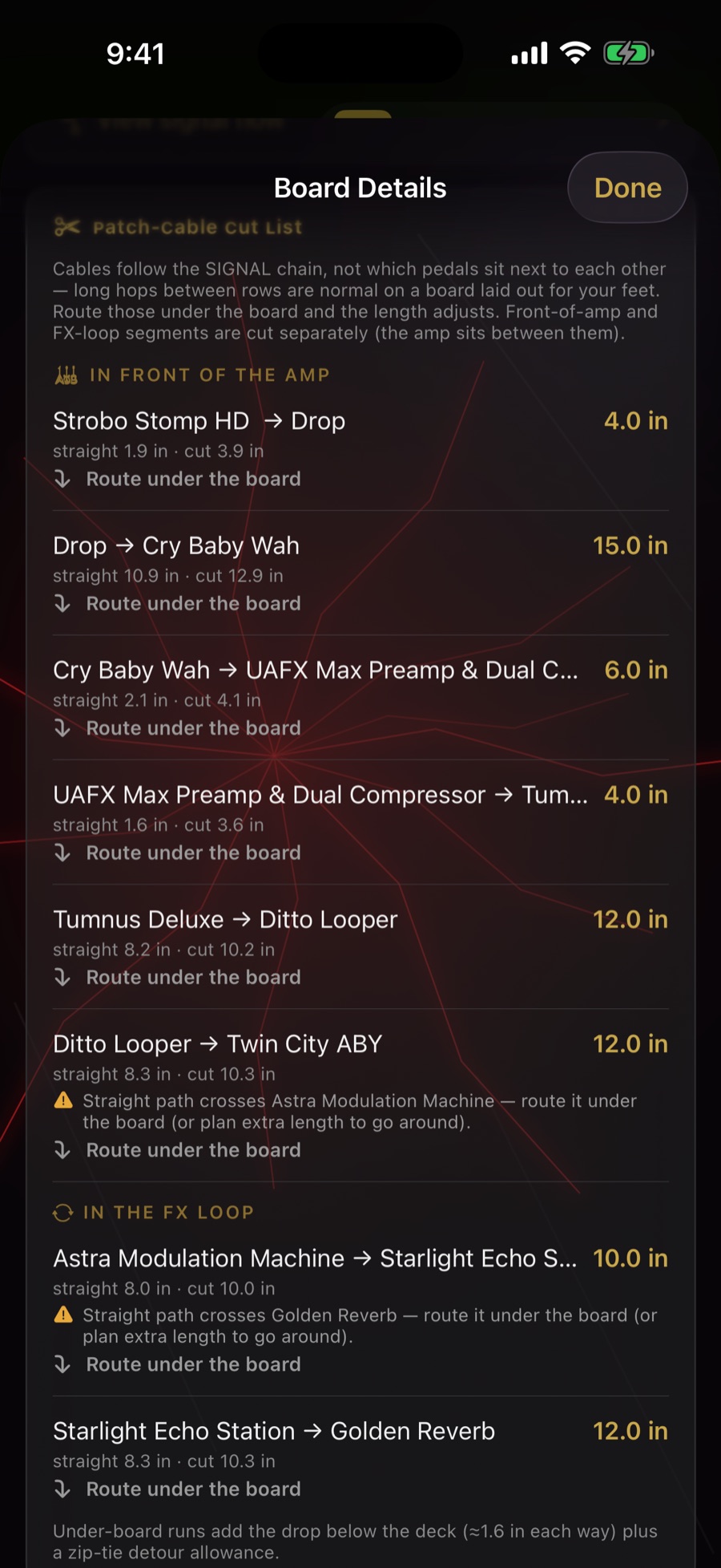 Patch-cable cut list in the Heavy Metal theme with per-run lengths, crossing warnings, and under-board routing