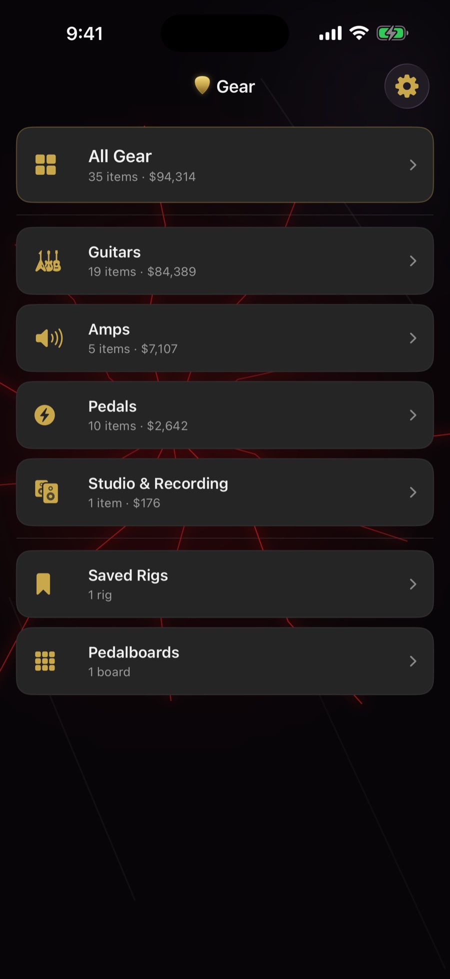 The Gear hub in the Heavy Metal theme — all gear, guitars, amps, pedals, studio & recording, saved rigs, and pedalboards