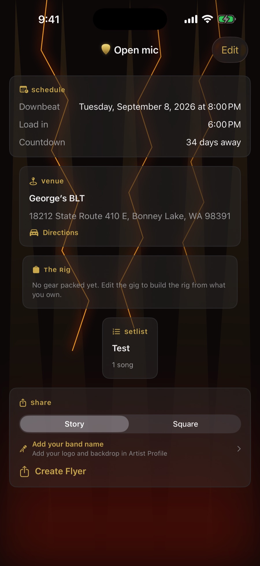 A gig's page in the Rock theme — schedule with load-in and downbeat, venue with directions, rig packing, setlist, and flyer sharing