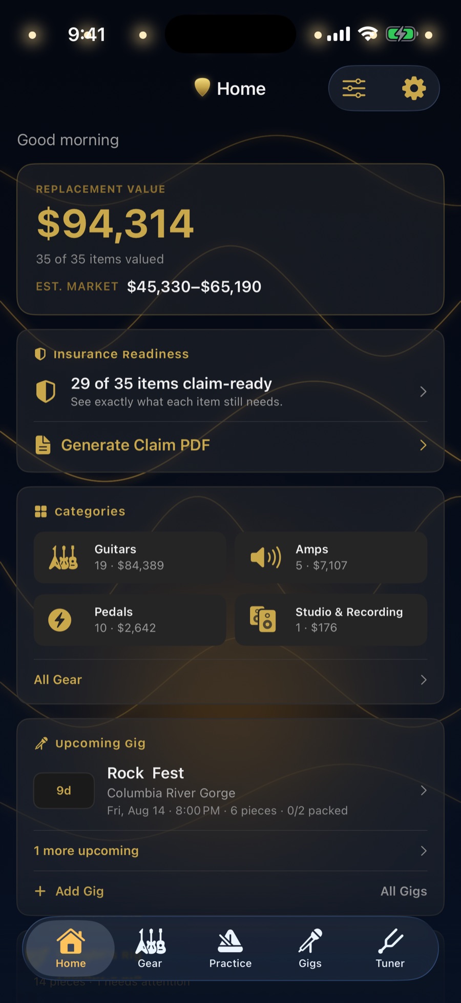 GuitarTech app home dashboard