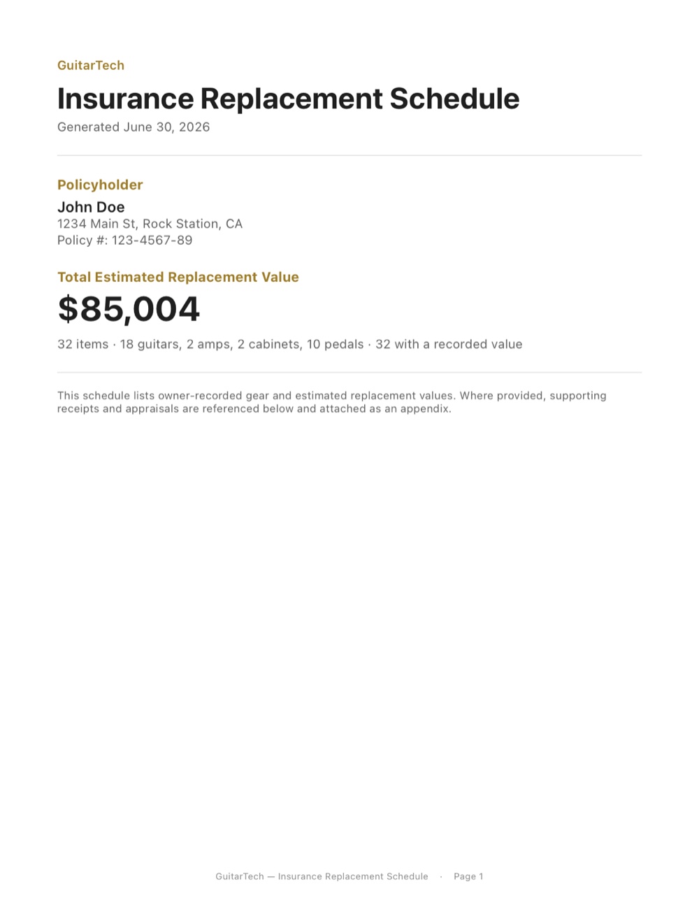 Sample GuitarTech insurance replacement schedule PDF — cover page with policyholder, total value, and item summary