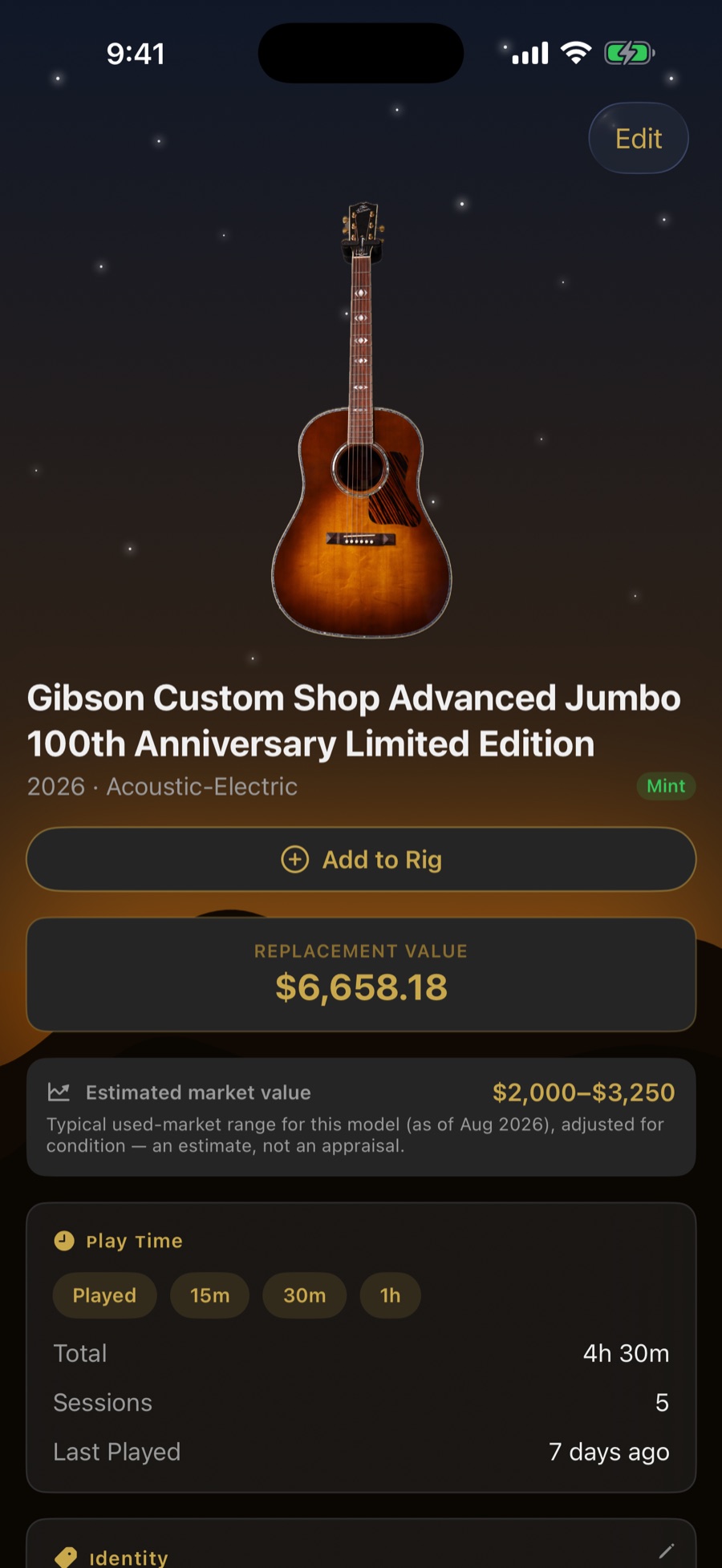 A guitar's detail page in the Country theme with replacement value, an estimated market range, and play-time stats