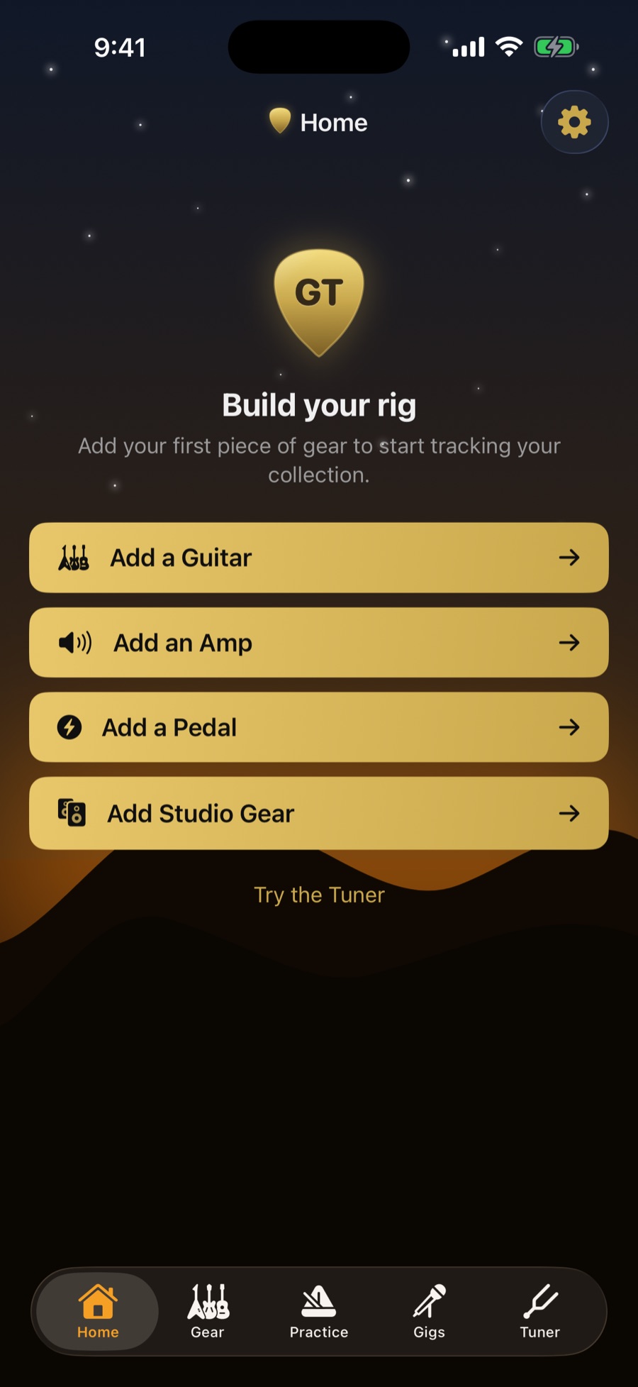GuitarTech welcome screen in the Country theme — start building your rig