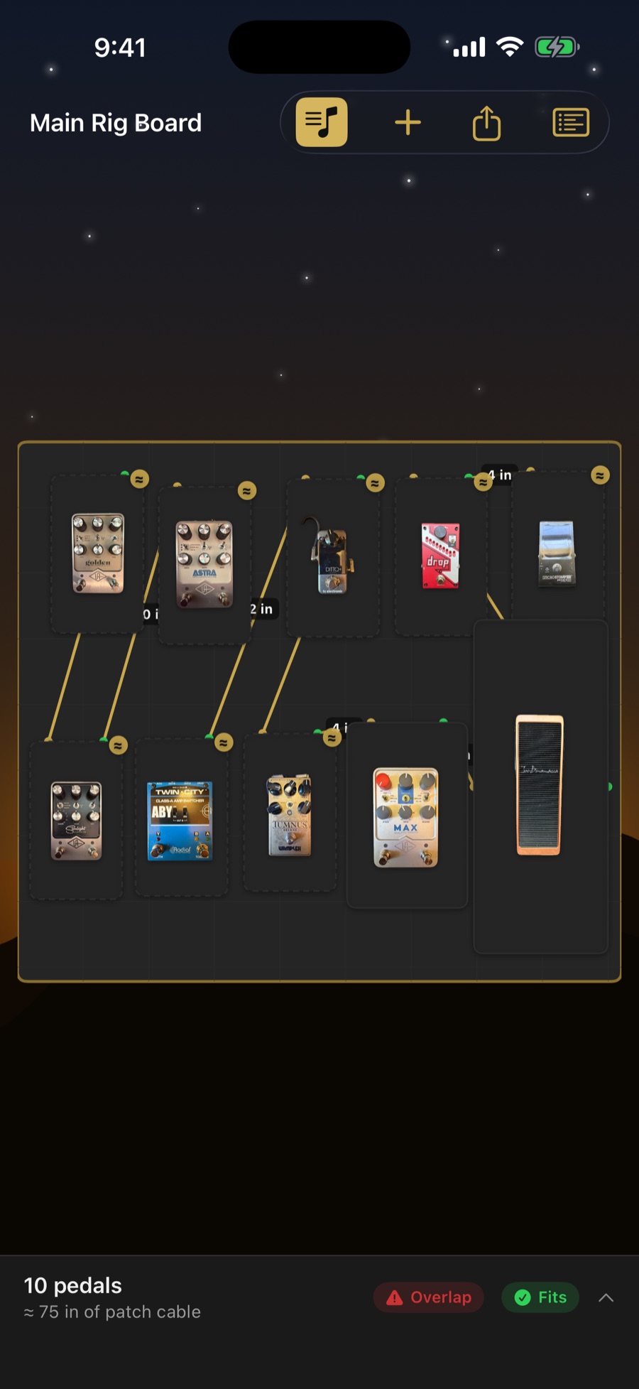 The to-scale pedalboard builder in the Country theme with patch-cable routing