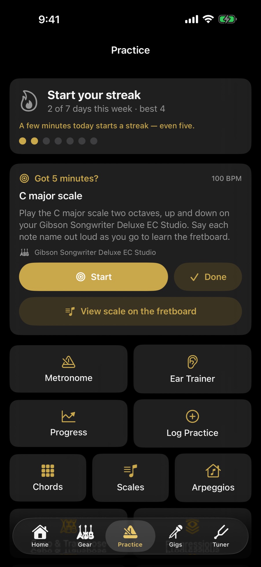 The Practice hub — streak, today's five-minute drill, metronome, and ear training