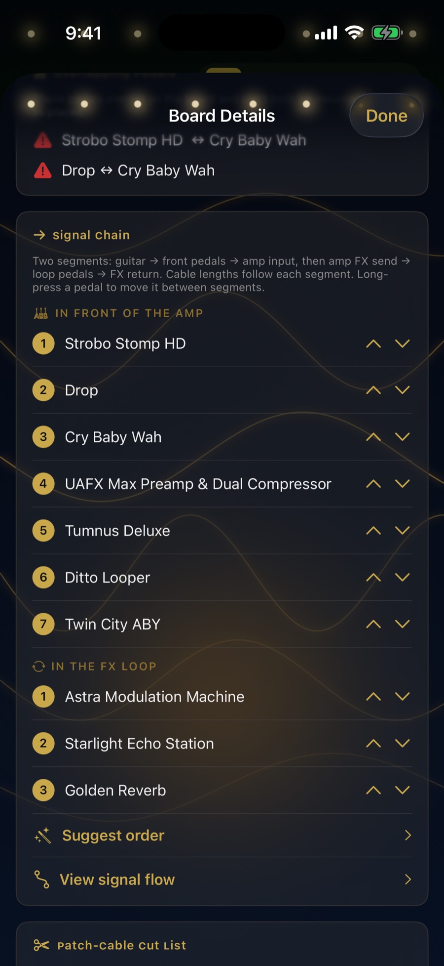 Signal chain in the Blues theme, split into front-of-amp and FX-loop segments with a suggest-order option