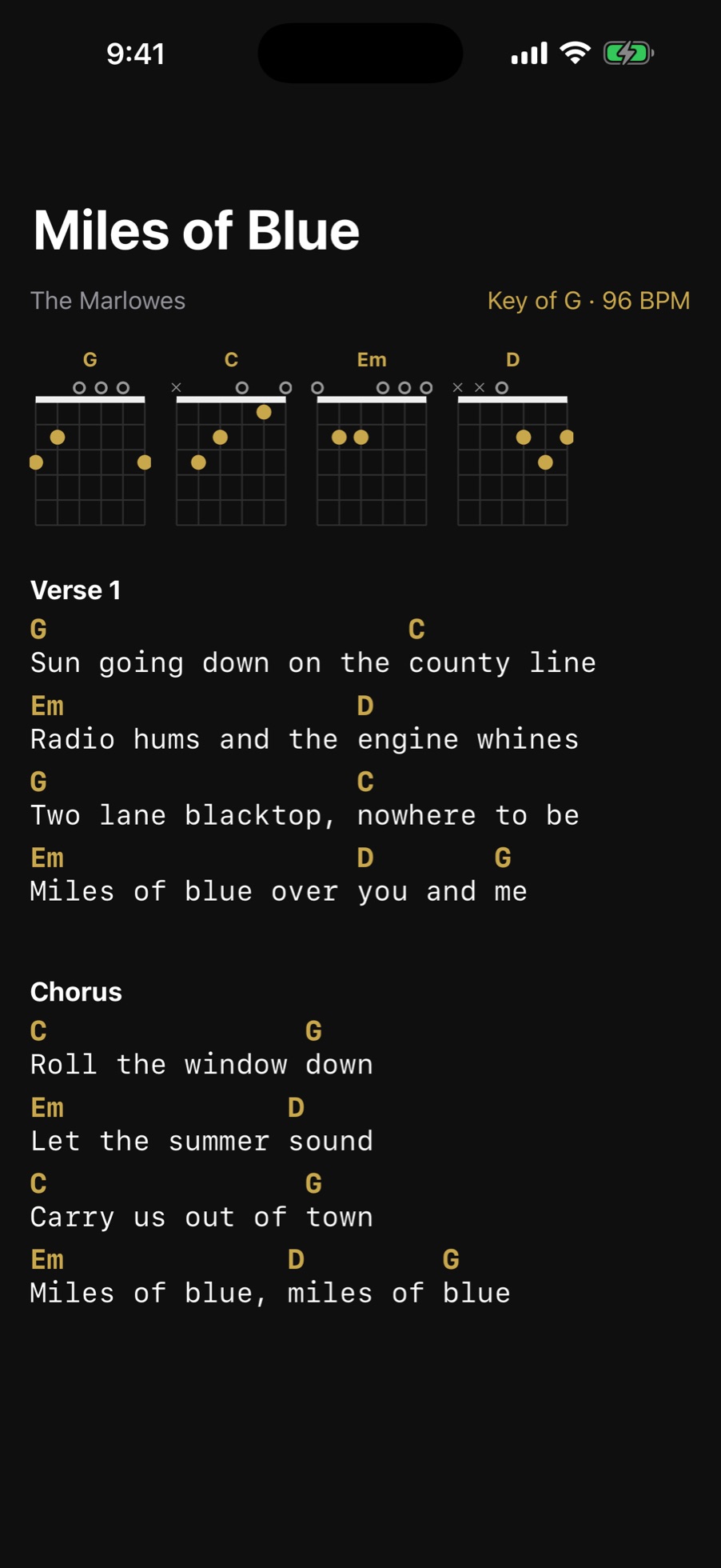 A parsed chord chart with inline chord diagrams and chords aligned over the lyrics